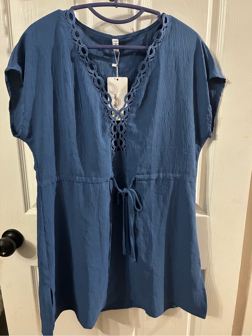 Women’s Small Blue Tie-Waist V-Neck Dress with Crochet Trim